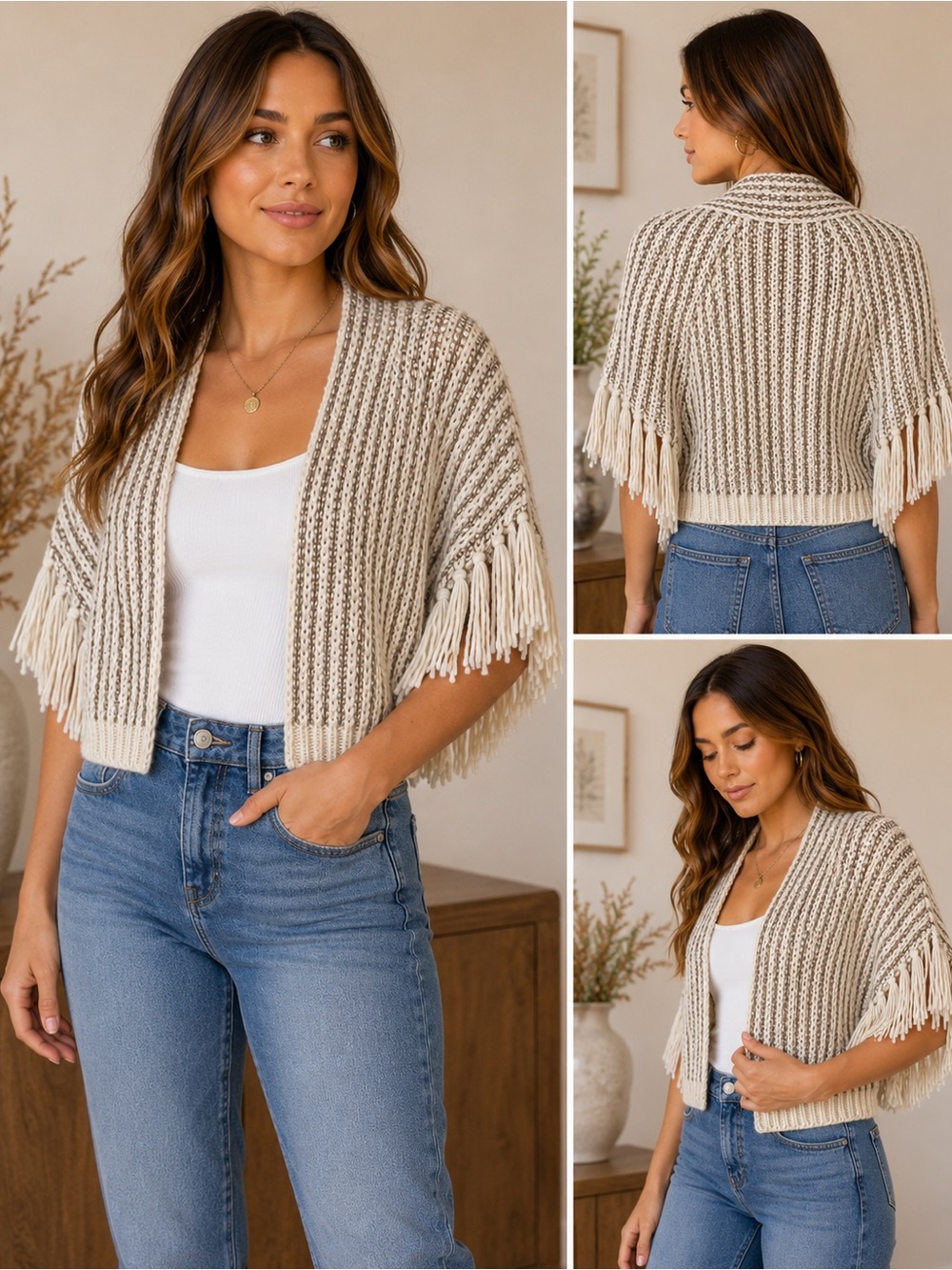 Anthropologie O/S Chunky Knit Fringe Cardigan Sweater Wrap Shawl Cream Gold Boho